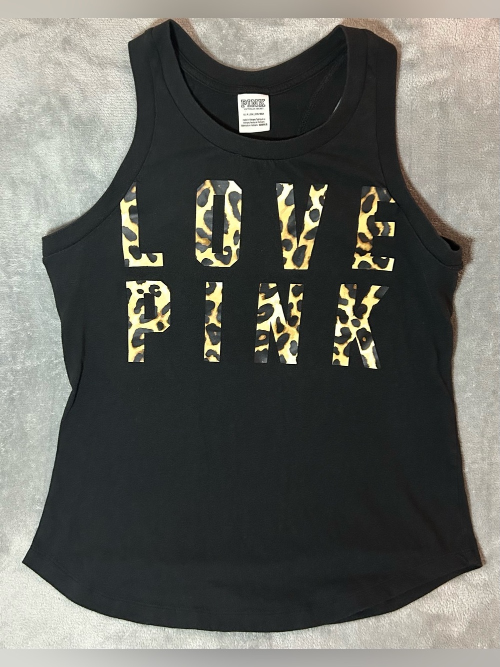 PINK Victoria's Secret Leopard Logo Black Tank Top Scoop Neck Size Small Rare